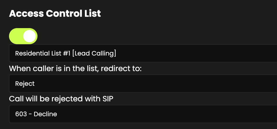 Screenshot of Access Control List feature in CallPlatform
