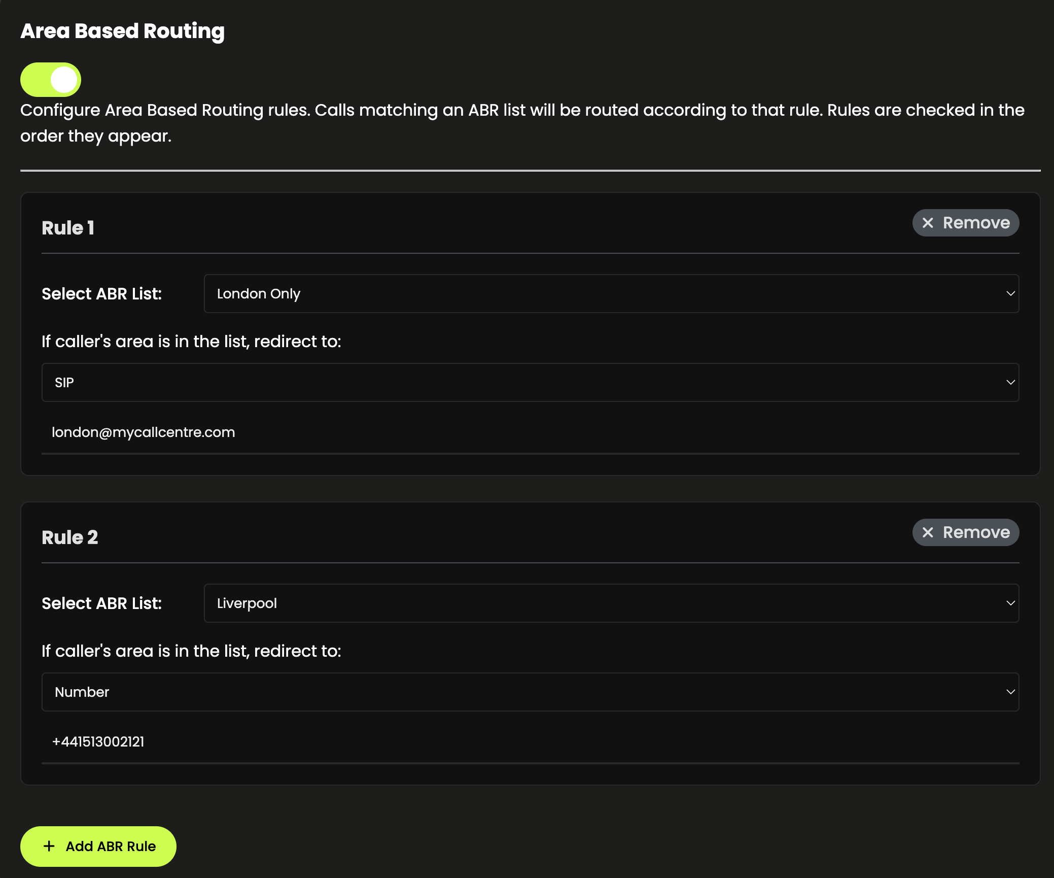 Screenshot of Area-Based Routing feature in CallPlatform