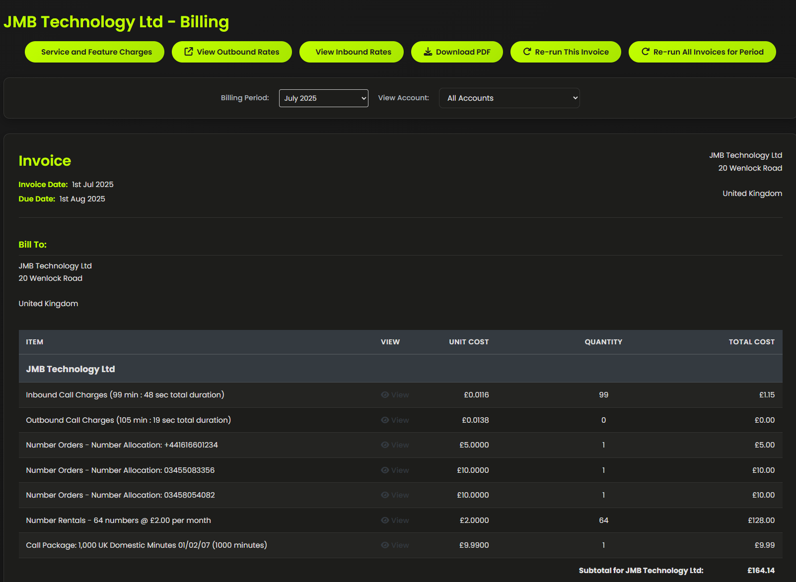 Screenshot of Billing Portal in CallPlatform