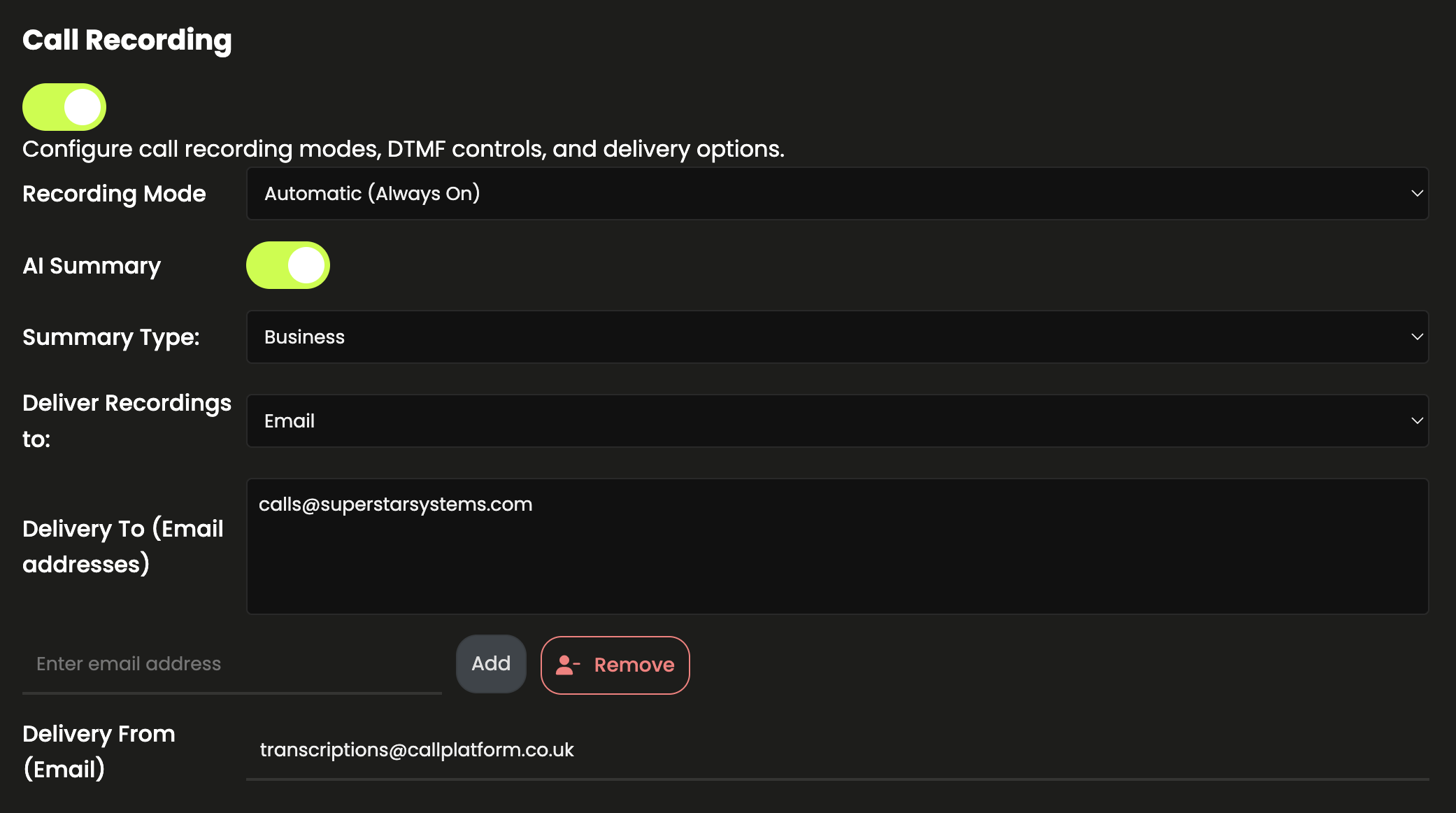 Screenshot of Call Recording feature in CallPlatform