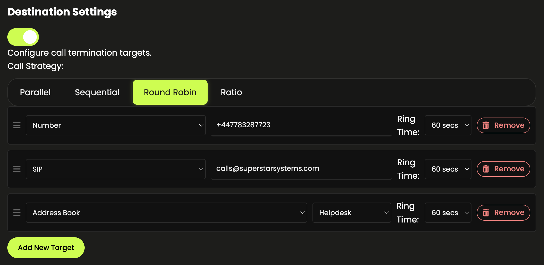 Screenshot of Destinations management in CallPlatform
