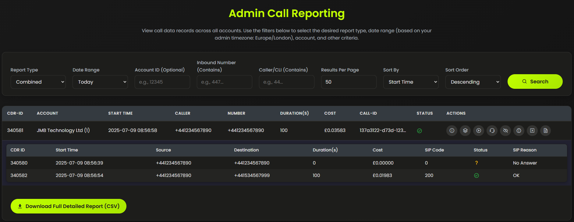 Screenshot of Detailed Reports in CallPlatform