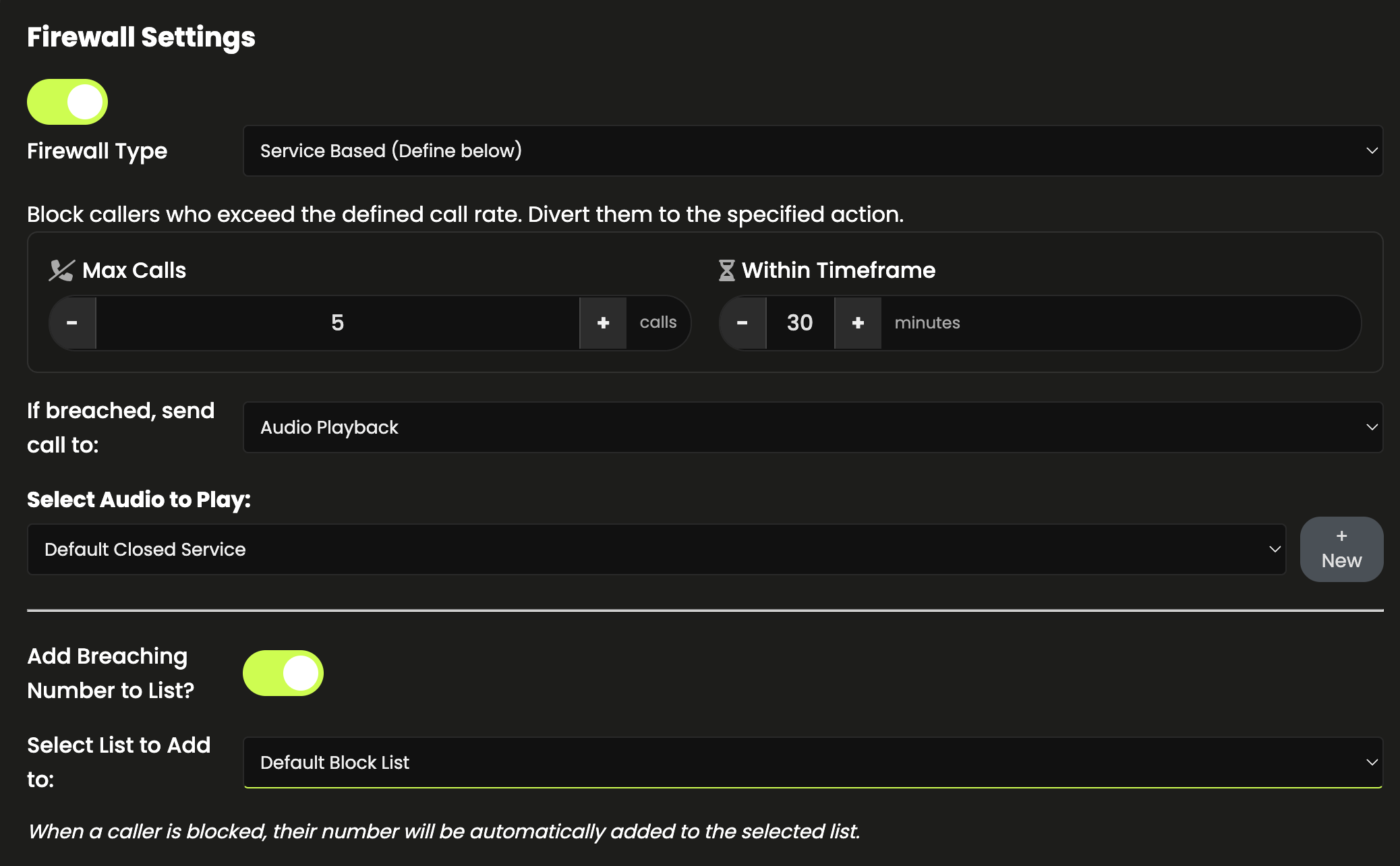 Screenshot of IP Firewall feature in CallPlatform