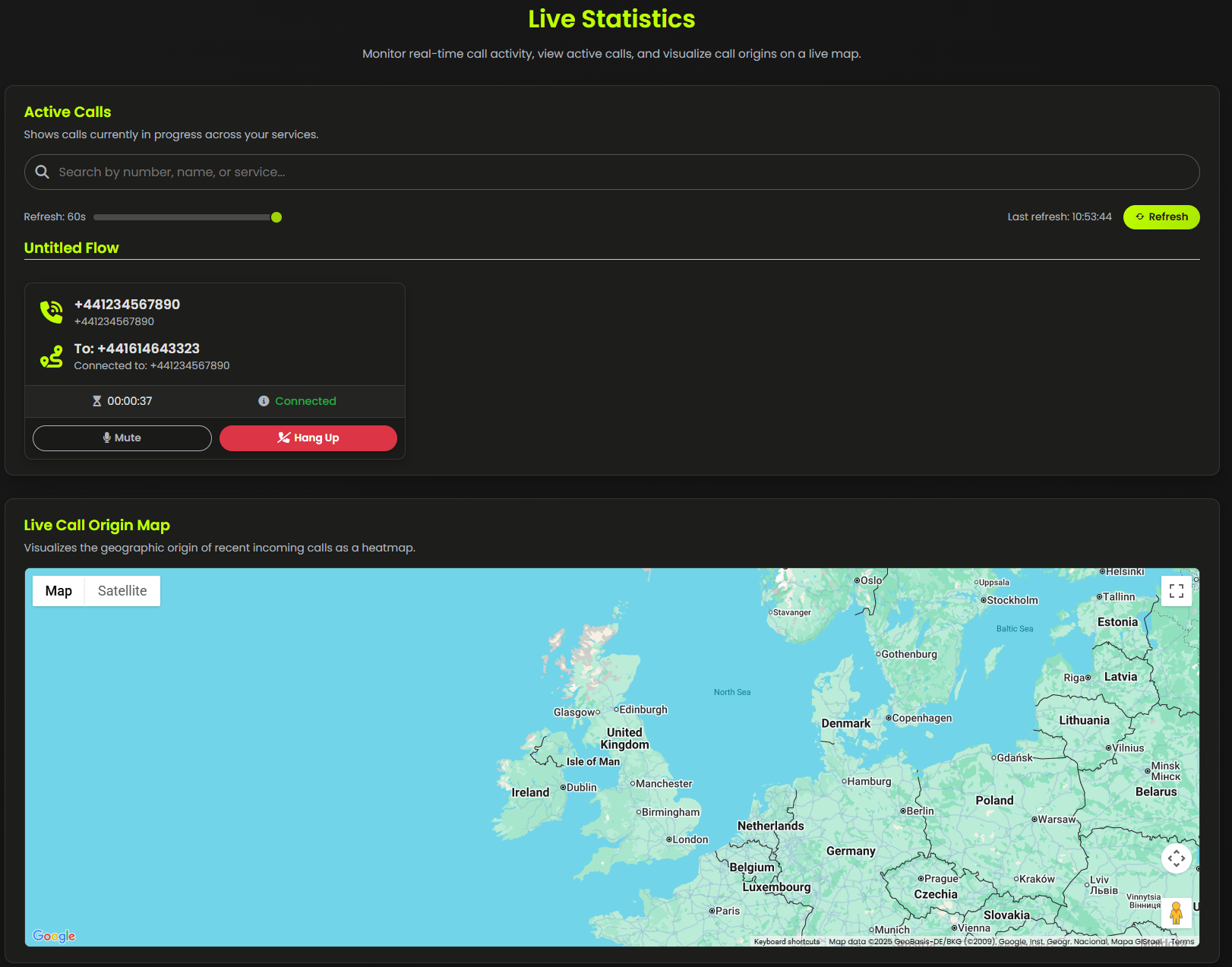 Screenshot of Live Statistics Wallboard in CallPlatform