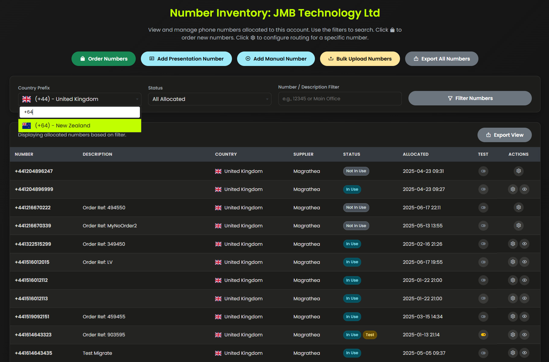 Screenshot of Numbers Management in CallPlatform