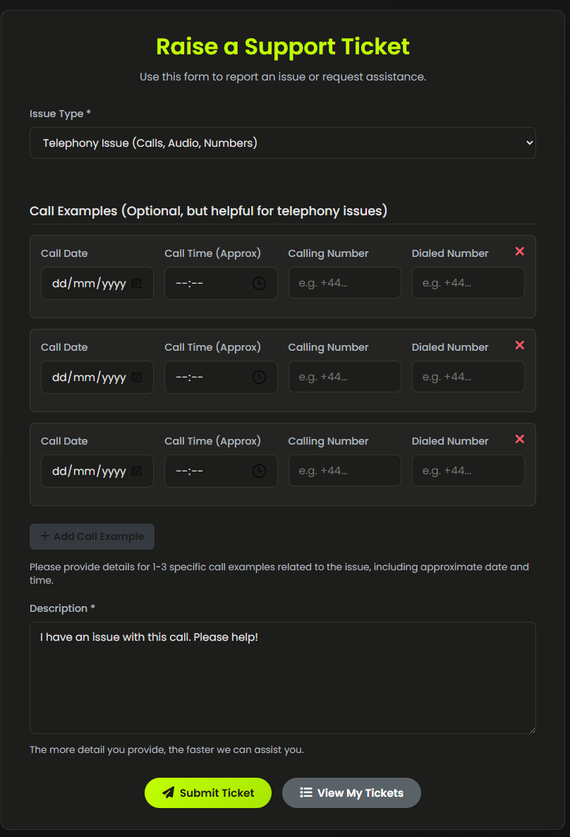 Screenshot of Support Center in CallPlatform