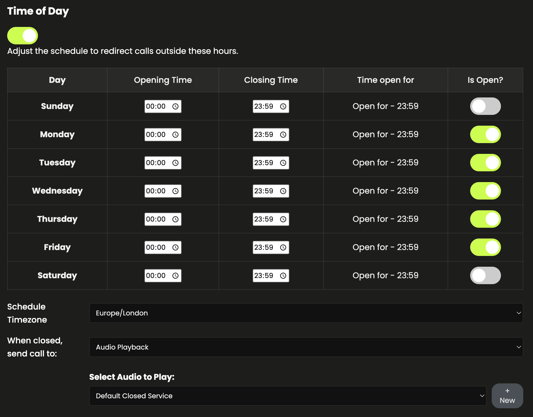 Screenshot of Time of Day routing feature in CallPlatform